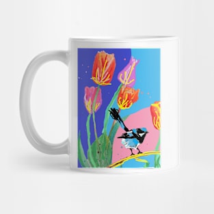 Abstract Blue Wren and Tulips Painting - on Multicoloured Navy Mug